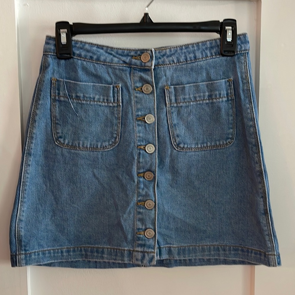 Brandy Melville Button Front Blue Denim Jean A-Line Mini Skirt Patch Pockets